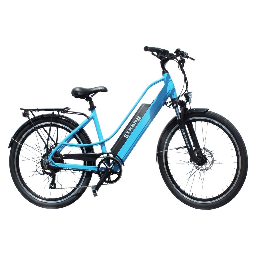 A blue Strand step-through beach cruiser, isolated on the page.
