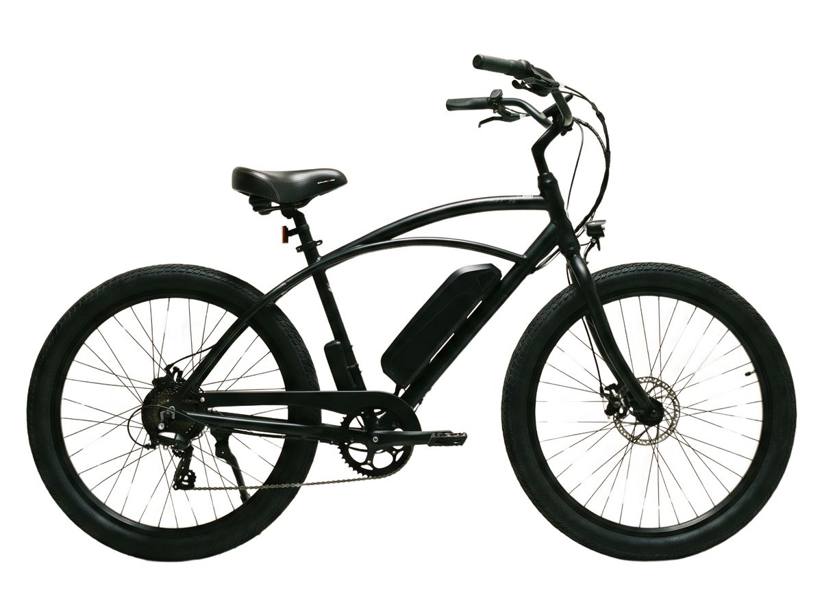 An electric beach cruiser with a step-through frame and balloon tyres.