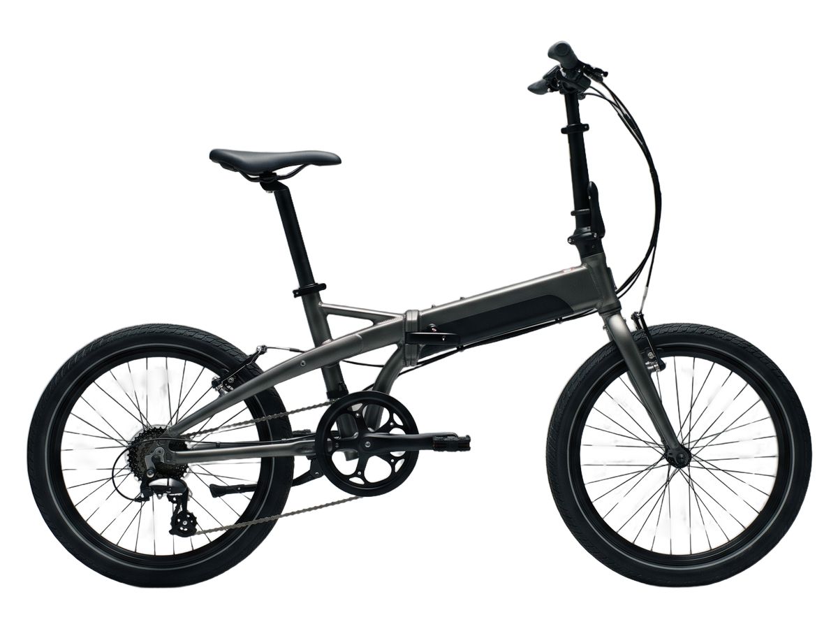 A folding electric bike with its mid-frame hinge visible.